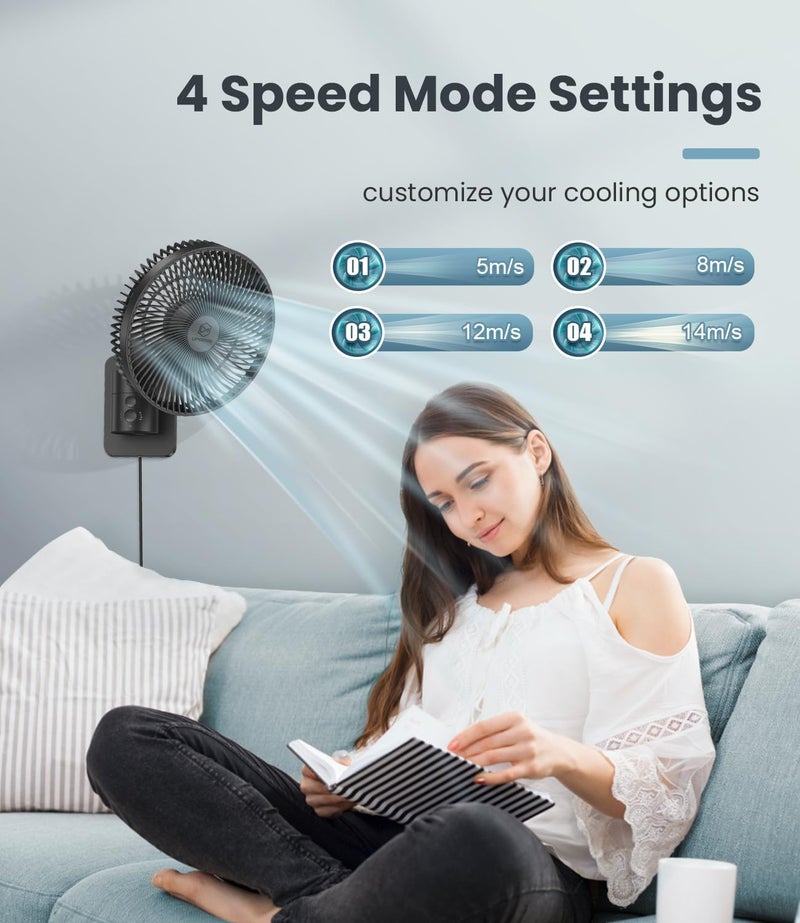 LEMOISTAR 8 Inch Small Wall Mounted RV Fan with Remote Control, 90° Oscillating, 4 Speeds, 4 Timer, Adjustable Tilt, 70 Inch Cord, Quiet, for Corner Bedroom Home Office Garage - Image 4